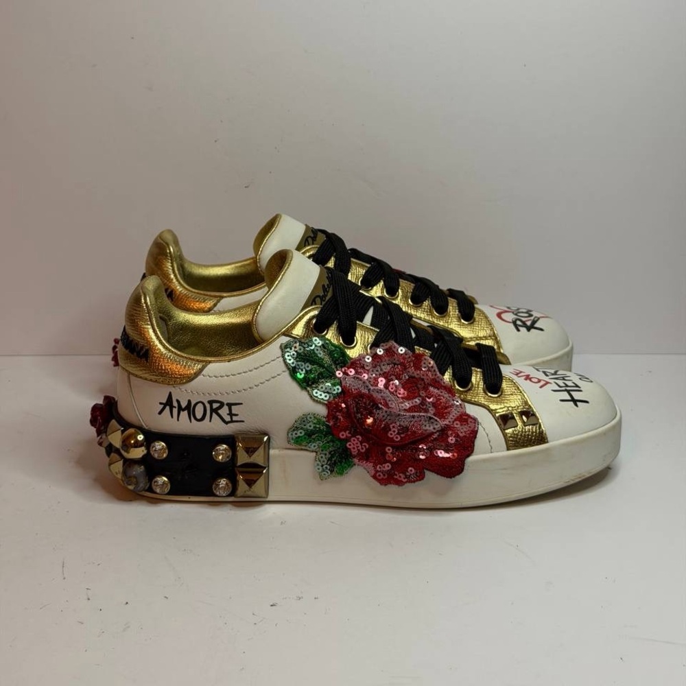 DOLCE & GABBANA White Roses Sequined Crystal Womens Sneakers Shoes EU36 / US5.5